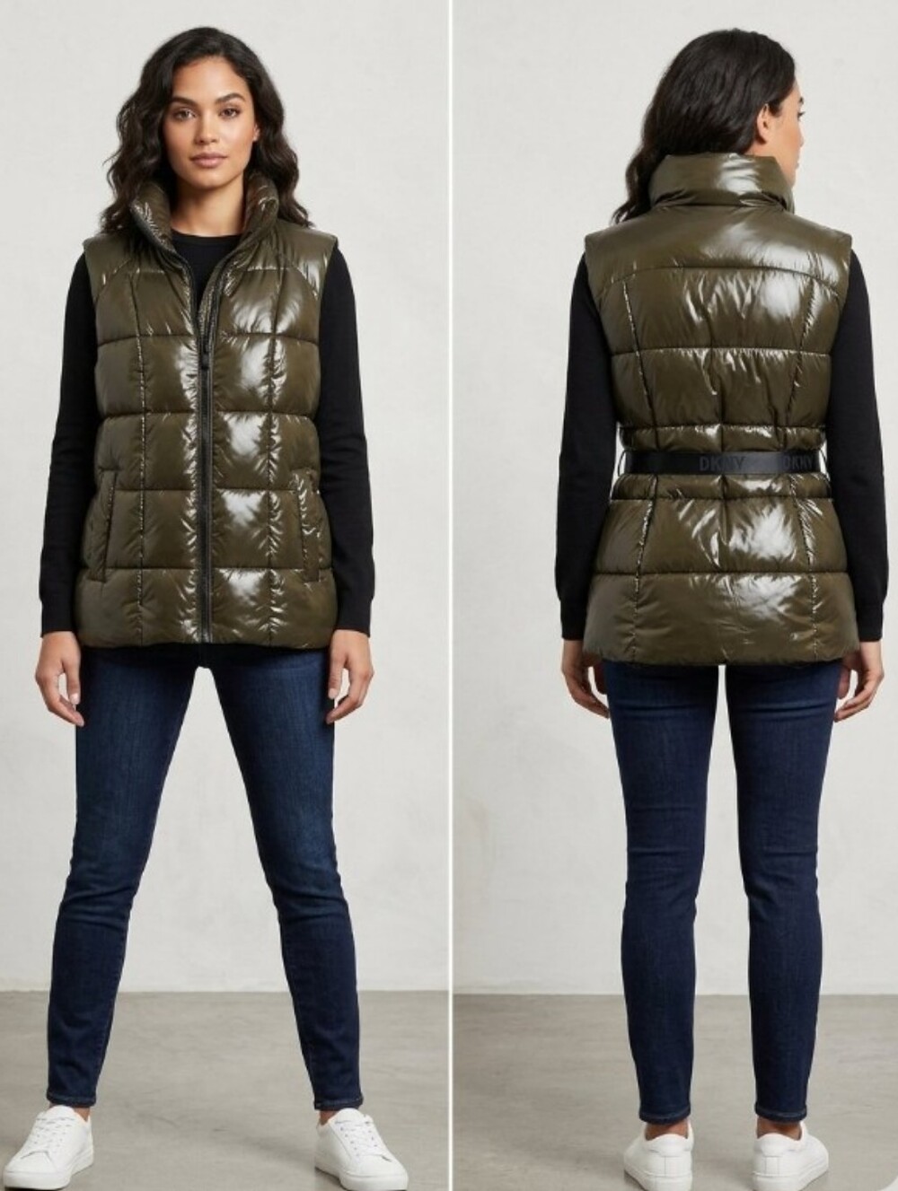 DKNY Shiny Dark Brown Quilted Puffer Vest
